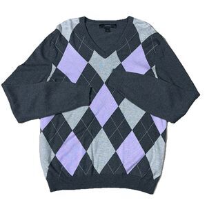 Express Sweater Mens Large Gray Purple Argyle Silk Cashmere Pullover V Neck